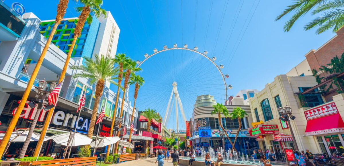 People enjoying Las Vegas attractions on sunny day