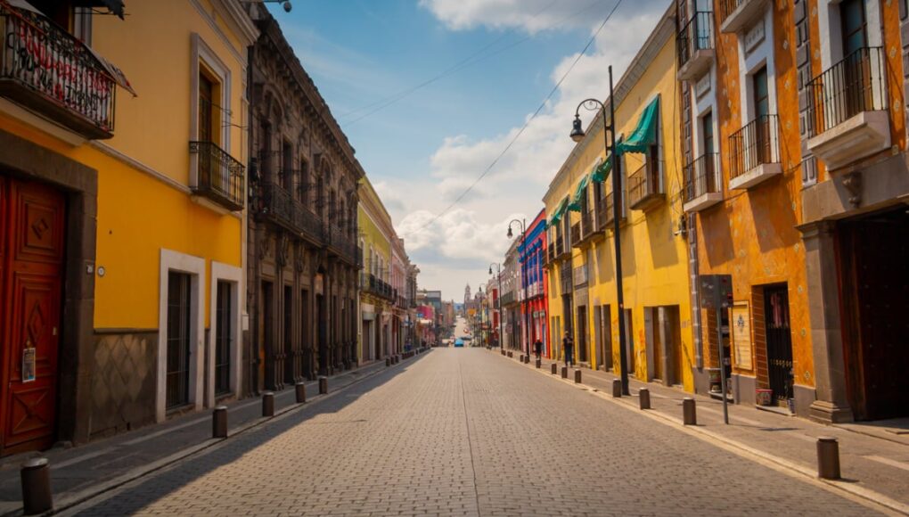 Historic buildings on empty street in Puebla, MX