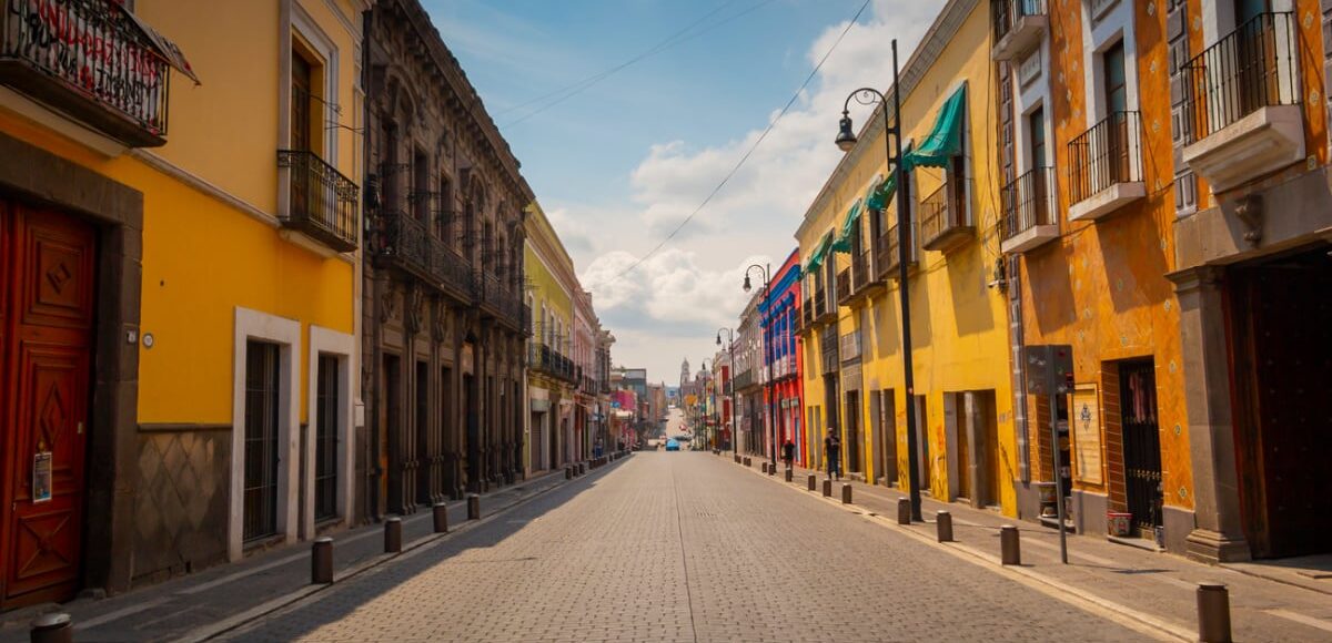 Historic buildings on empty street in Puebla, MX