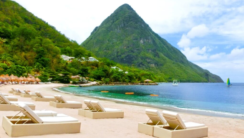 Lounge chairs on St. Lucia beach